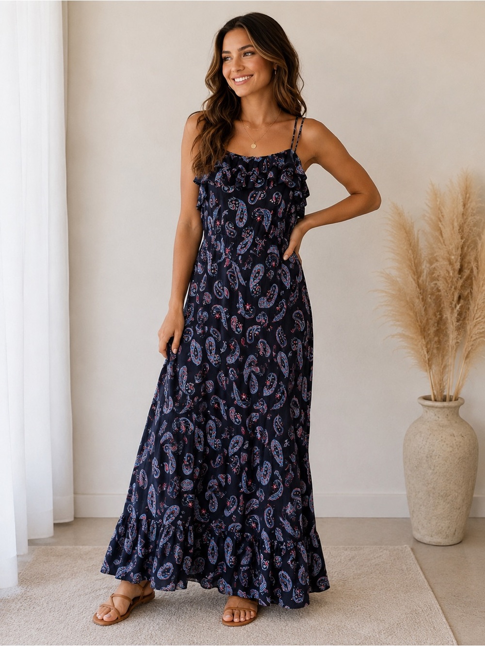 Paisley Ruffle Maxi Dress M Boho Coastal Summer Sundress